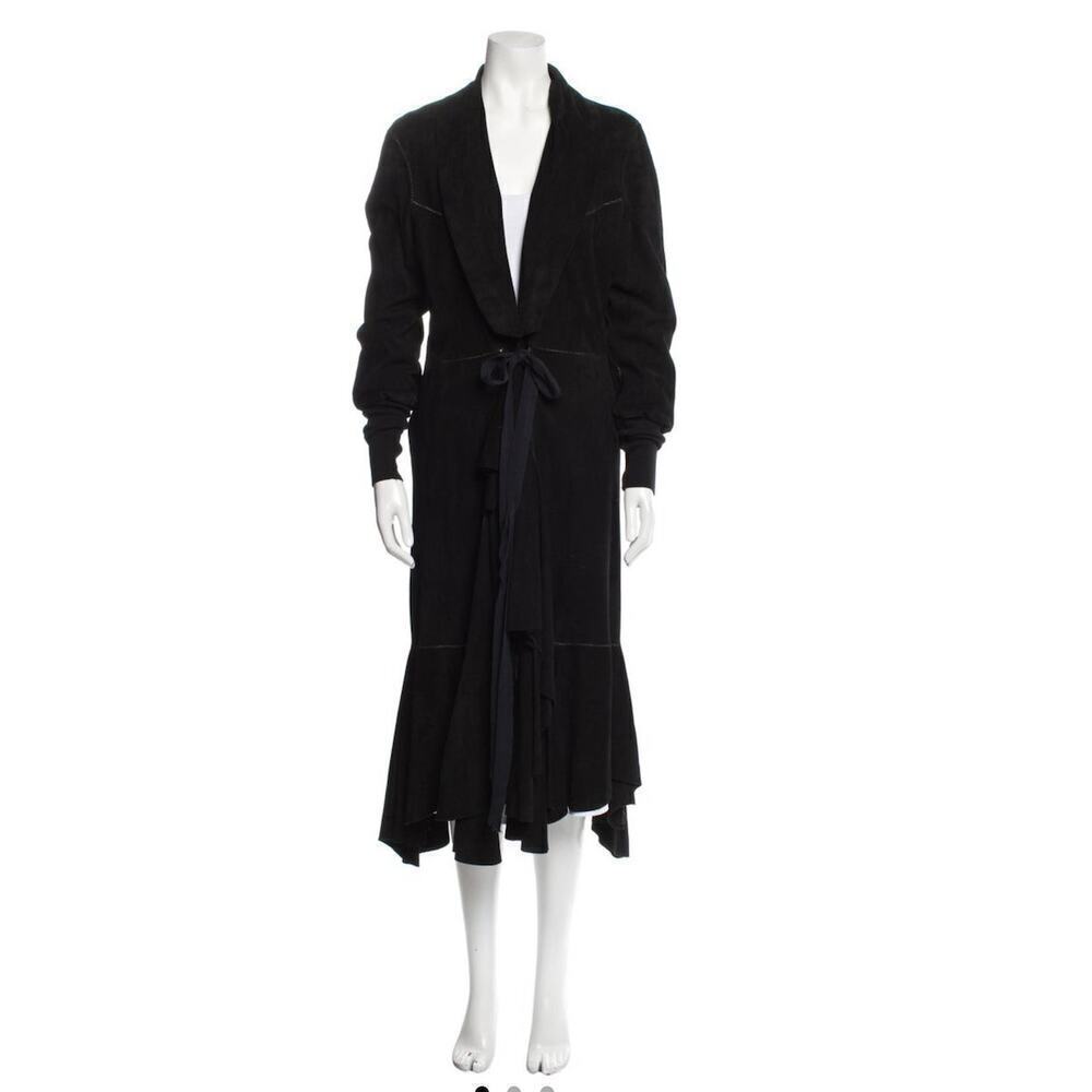 Christian Lacroix Archival Black goatskin leather draped jacket long coat 90s